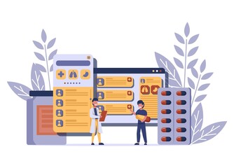 Online Medical services, health program through an online application. Tiny people illustration . Vector illustration