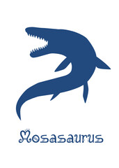 Mosasaur Dinosaur Vector illustration silhouette. navy dinosaurs, kids dinosaur name prints dark blue, boys bedroom wall art, dino room, kids dinosaur posters.