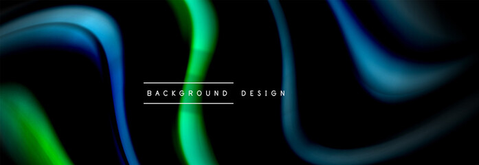Dynamic motion abstract background. Color blurred stripes on black. Wave liquid lines poster. Vector illustration