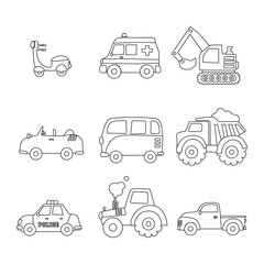 set of cars, transportation editable stroke icon, vehicle, icon set, symbol, transports toy, cars, van, excavator, truck, tractor, scooter, ambulance