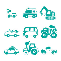 set of cars, transportation icon, vehicle, icon set, symbol, transports toy, cars, van, excavator, truck, tractor, scooter, ambulance
