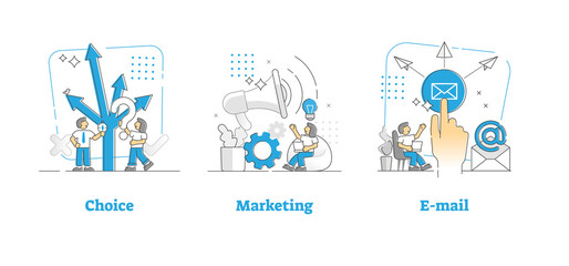Choice, marketing and e-mail campaign outline spot illustrations set