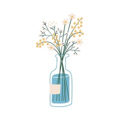 Beautiful bouquet with wild plants in glass vase vector flat illustration. Cute spring bunch of mimosa, daisy and gypsophila flowers. Floristic composition for decoration isolated on white