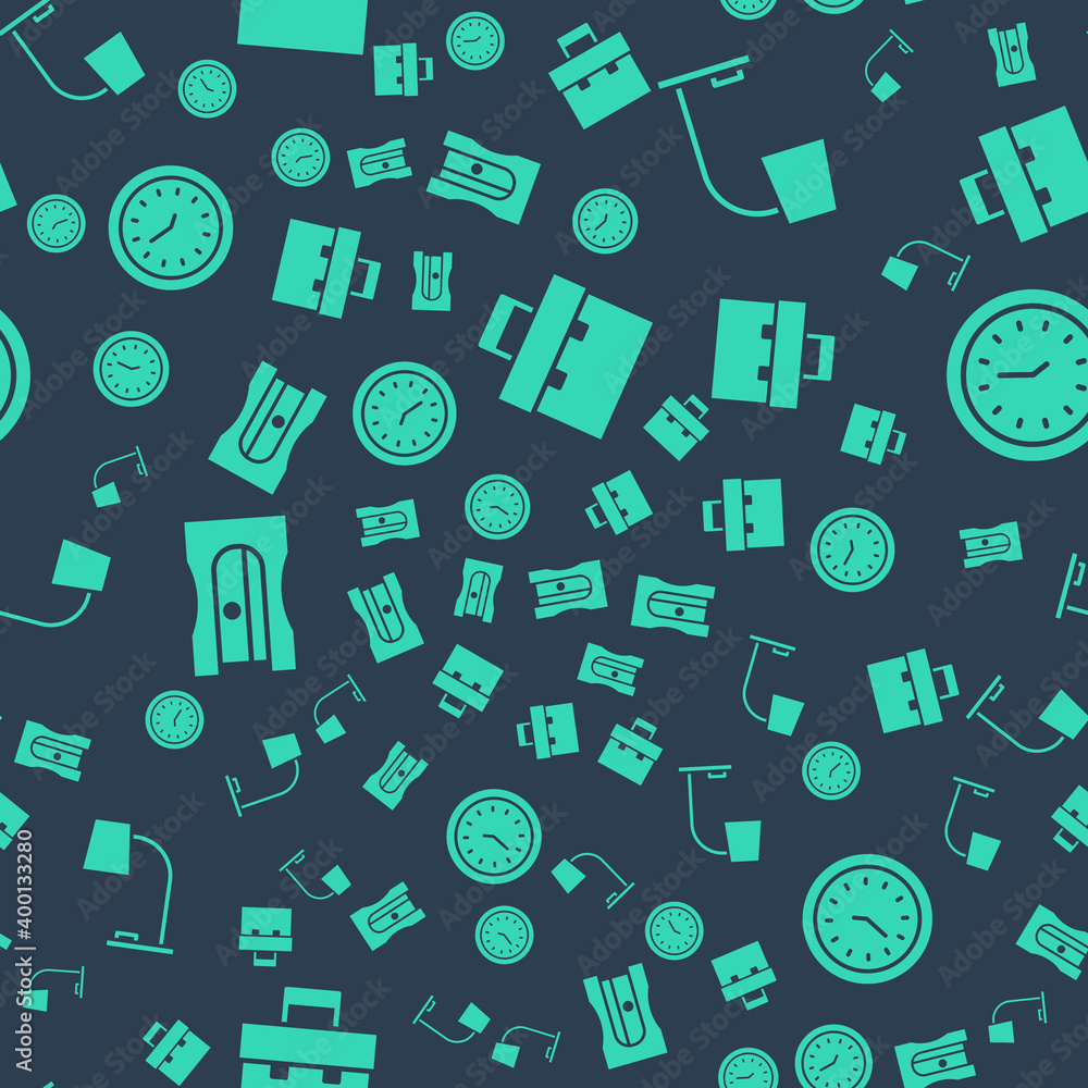 Poster set briefcase, table lamp, pencil sharpener and clock on seamless pattern. vector.