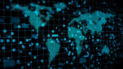 World map on the hexagon background 3D Illustration 