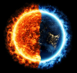 Burning night earth with sun on the black background 3D Illustration