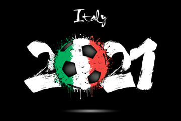 Abstract numbers 2021 and soccer ball painted in the colors of the Italy flag in grunge style. Figures 2021 and flag of Italy in the form of a soccer ball made of blots. Vector illustration