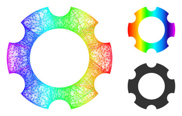 Spectral colored net gear, and solid spectral gradient gear icon. Hatched frame 2D net abstract symbol based on gear icon, is made with intersected lines.