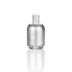 Silver glittering nail polish in glass bottle on white background isolated close up, opened pearl gray varnish, shiny grey lacquer, sparkling enamel, beautiful shimmer gel, beauty cosmetic accessory