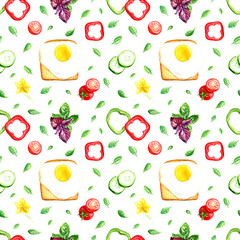 watercolor seamless pattern, consists of: sandwich with egg, cherry tomato, cucumber circles, spinach leaves and basil. suitable for interior textiles and kitchens.