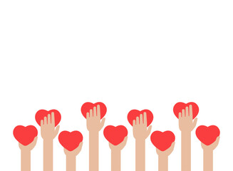 Hands holding red hearts on white background. worldwide on-line help and support concept.