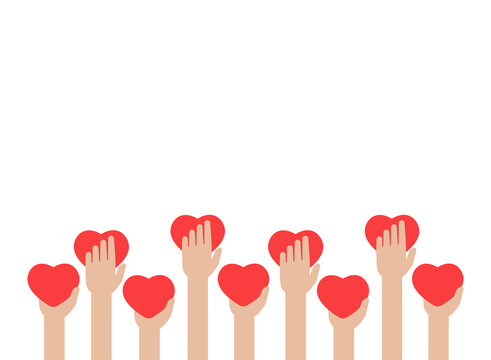 Hands holding red hearts on white background. worldwide on-line help and support concept.