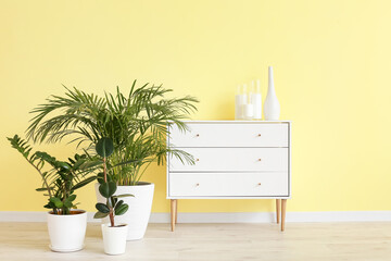 Modern chest of drawers near color wall in room