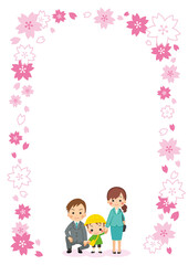 家族と入学式に参列する可愛い新一年生の女の子のイラスト 三世代ファミリー 桜デコレーション Wall Mural ぽこたぽこ