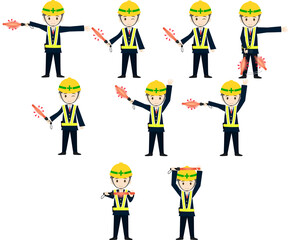 道路誘導員の誘導合図・ポーズのイラストセット