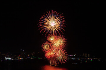 Colorful firework over Pattaya beach during International Festival, celebration for New Year