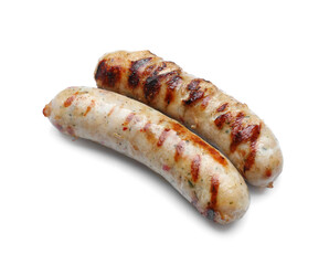 Delicious grilled sausages on white background