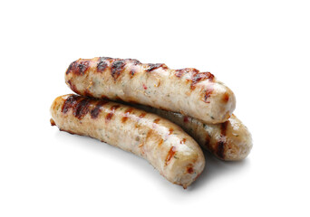 Delicious grilled sausages on white background