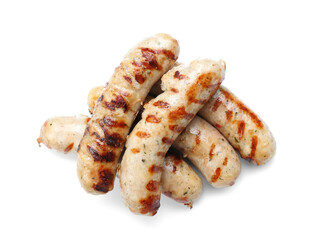 Delicious grilled sausages on white background