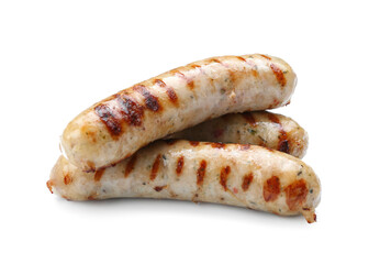 Delicious grilled sausages on white background