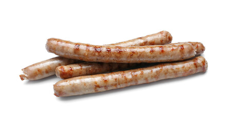 Delicious grilled sausages on white background