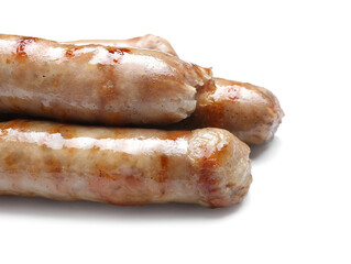 Delicious grilled sausages on white background