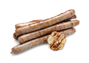 Delicious grilled sausages with garlic on white background