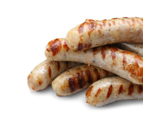 Delicious grilled sausages on white background