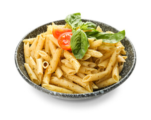 Plate with tasty pasta and pesto sauce on white background