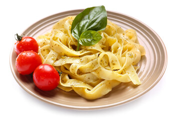 Plate with tasty pasta and pesto sauce on white background