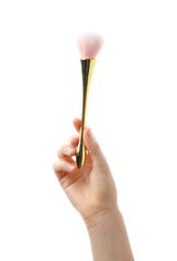 Hand with makeup brush on white background