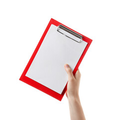 Hand with clipboard on white background