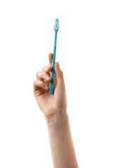 Hand with toothbrush on white background
