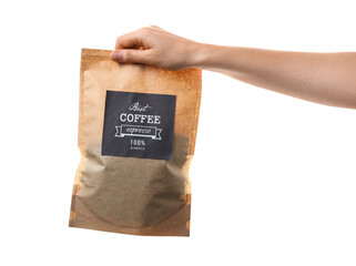 Hand with bag of coffee on white background