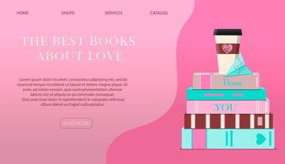 Website page with a gift for Valentine s Day. Romantic picture in pink, turquoise and red. Store with gifts and books for the holiday of all lovers. Vector illustration for the app, website and