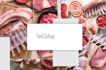 Raw meat collage - beef, pork, lamb, chicken