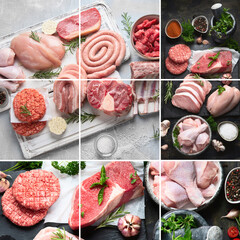 Raw meat collage - beef, pork, lamb, chicken