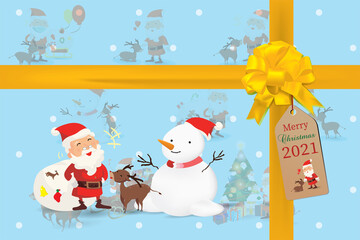 Present box tie with golden yellow ribbon, With artwork of funny happy Santa Claus and reindeer.Pastle blue Gift box.