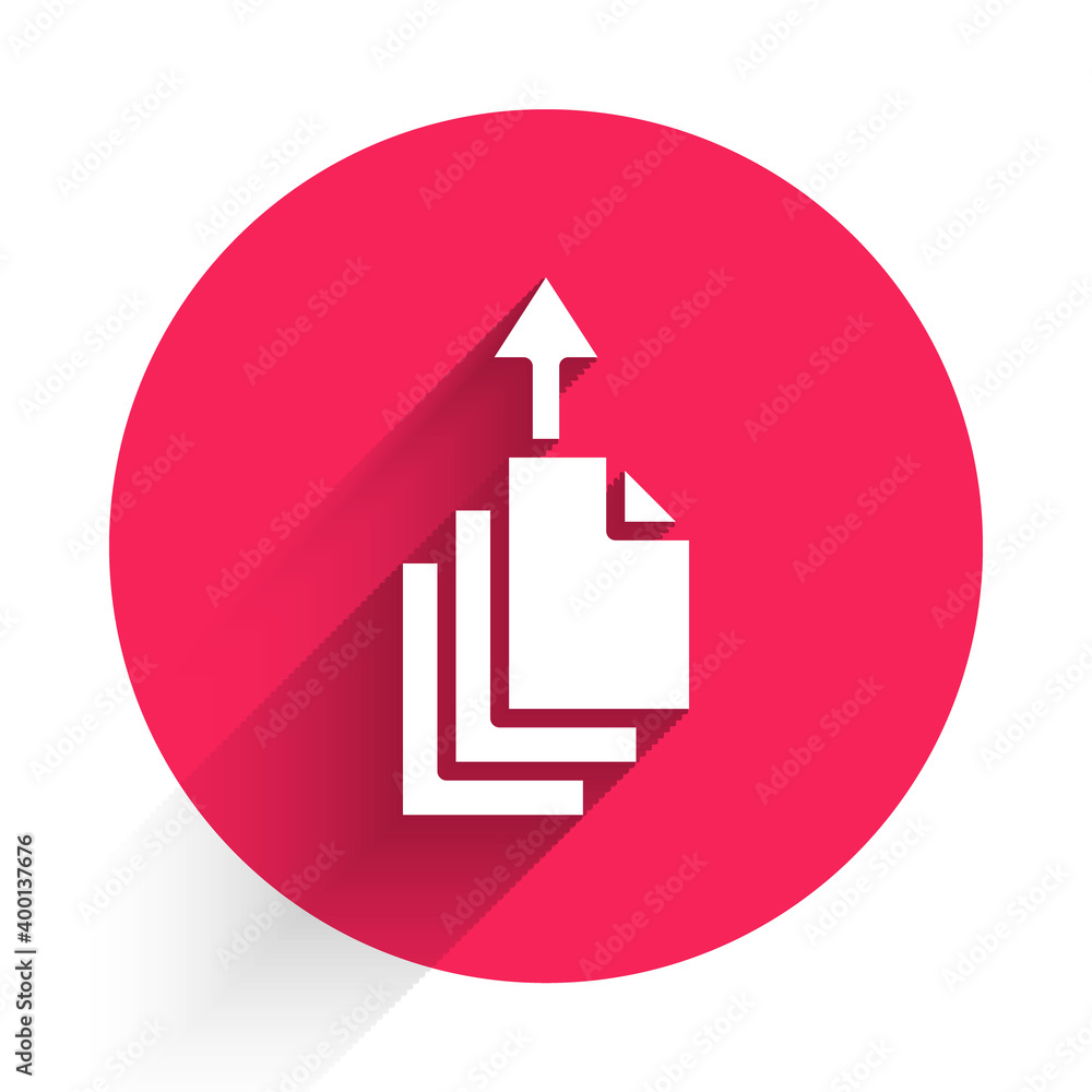Poster white data export icon isolated with long shadow background. red circle button. vector.