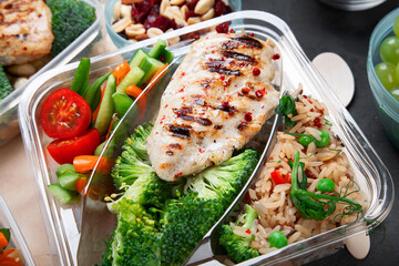Takeaway lunch boxes with homemade nutrition food - meat, vegetables and fruits.