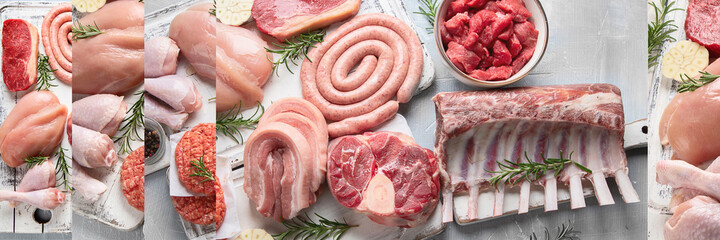 Raw meat collage - beef, pork, lamb, chicken