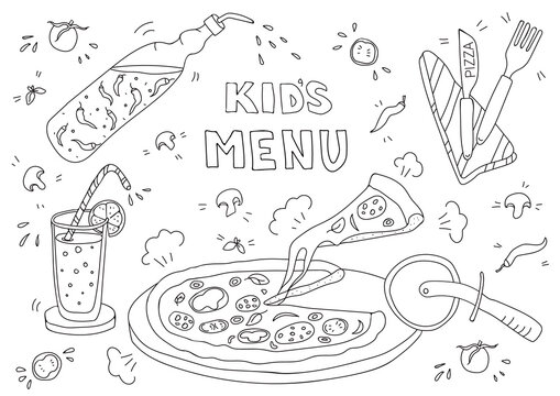 Black and white vector illustration for kids menu with pizza, lemonade, tomato and basil in doodle style. Page of a children's coloring book. Blank A3 horizontal format
