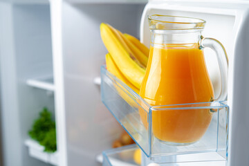 Glass pitcher of orange juice and fruits on fridge shelf