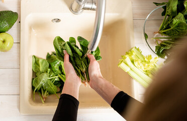 Top view of woman hands washing spinach at kitchen sink