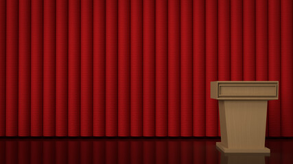 The wood podium and  red curtain  for background 3d rendering..