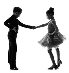 Silhouette of little children dancing against white background