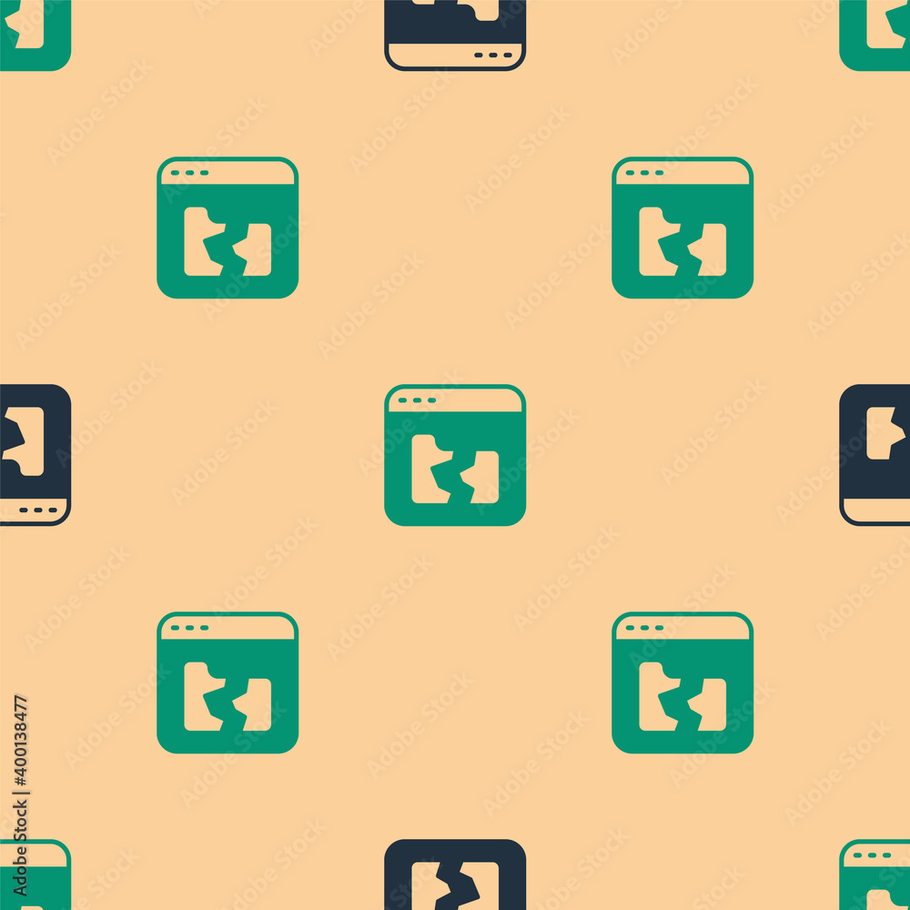 Poster green and black broken file icon isolated seamless pattern on beige background. vector.