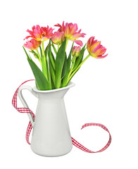 Yellow and orange tulip flowers in a white jar and satin checkered ribbon isolated on white