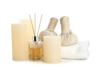 Spa composition with aroma candles on white background