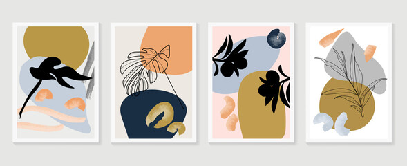 Botanical and gold abstract wall arts vector collection.  Golden and luxury pattern design with leaves line arts, Hand draw Organic shape design for wall framed prints, canvas prints, poster, home dec